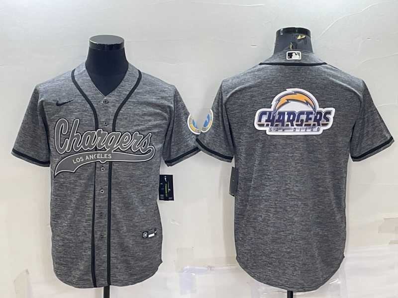 Men%27s Los Angeles Chargers Grey Gridiron Team Big Logo Cool Base Stitched Baseball Jersey